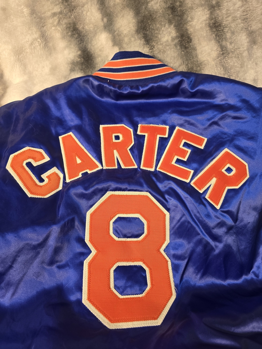 Blue & Orange Varsity Bomber Jacket with 'CARTER 8' Back